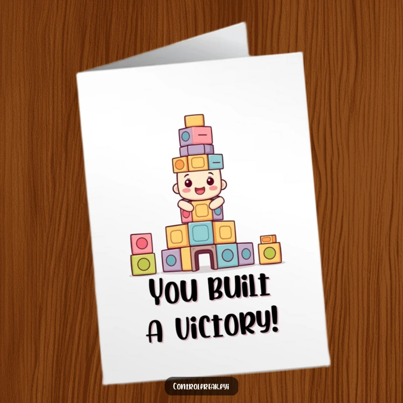 Funny Free Printable congratulations card with a happy character constructing a perfectly symmetrical tower of blocks, representing achievement.