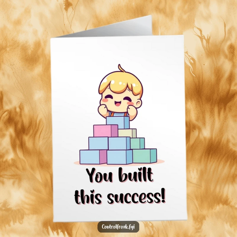 Funny Free Printable Congratulations Card: A character enthusiastically arranging perfectly stacked blocks into a tall structure.