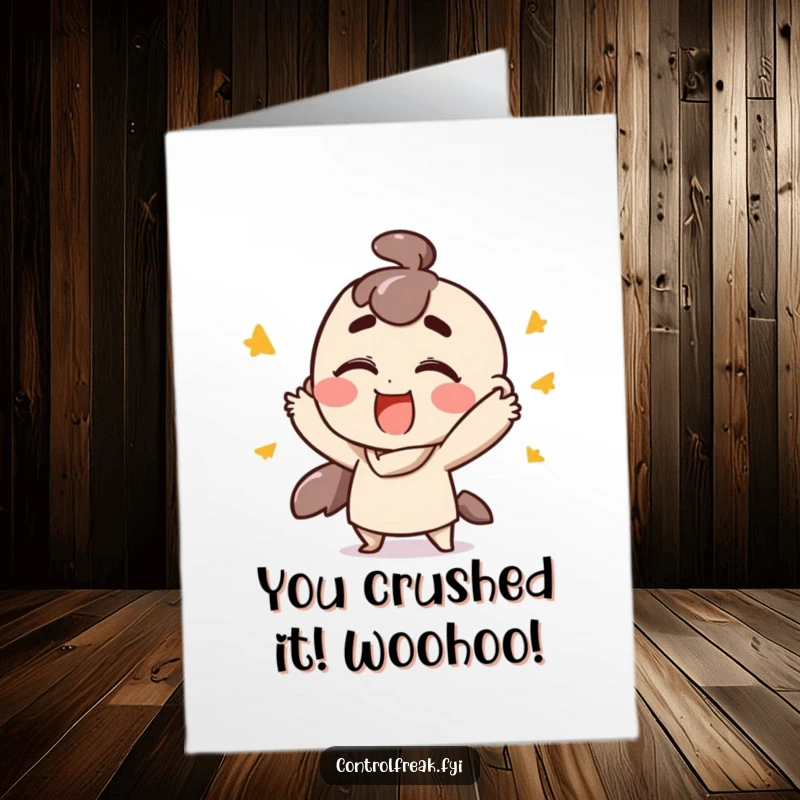 Funny Free Printable Congratulations Card of a character doing speedy, ordered gestures with an expression of pure satisfaction, great for print.