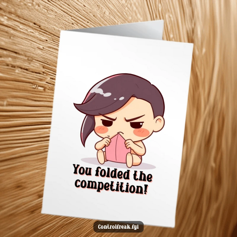 Funny Free Printable Congratulations Card: A stern character deeply focused on meticulously folding a single sheet of paper.