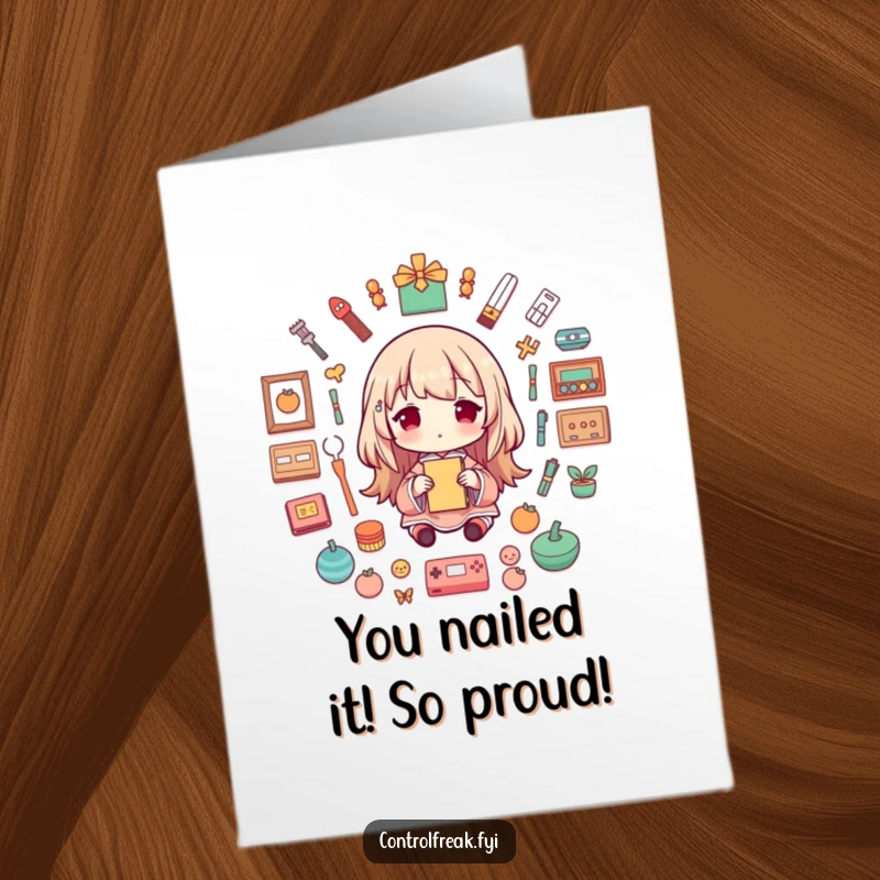 Funny Free Printable Congratulations Card showing a character creating perfect symmetrical patterns with a gleeful expression.