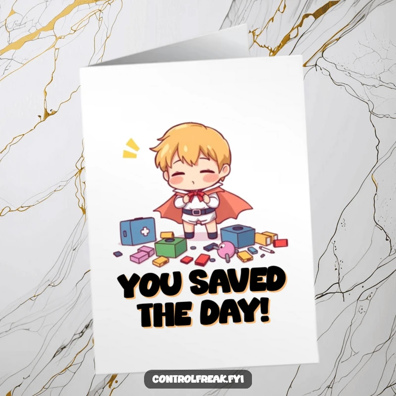 Funny Free Printable Congratulations Card: A character with a tiny cape comically exerting exaggerated effort to organize scattered items.