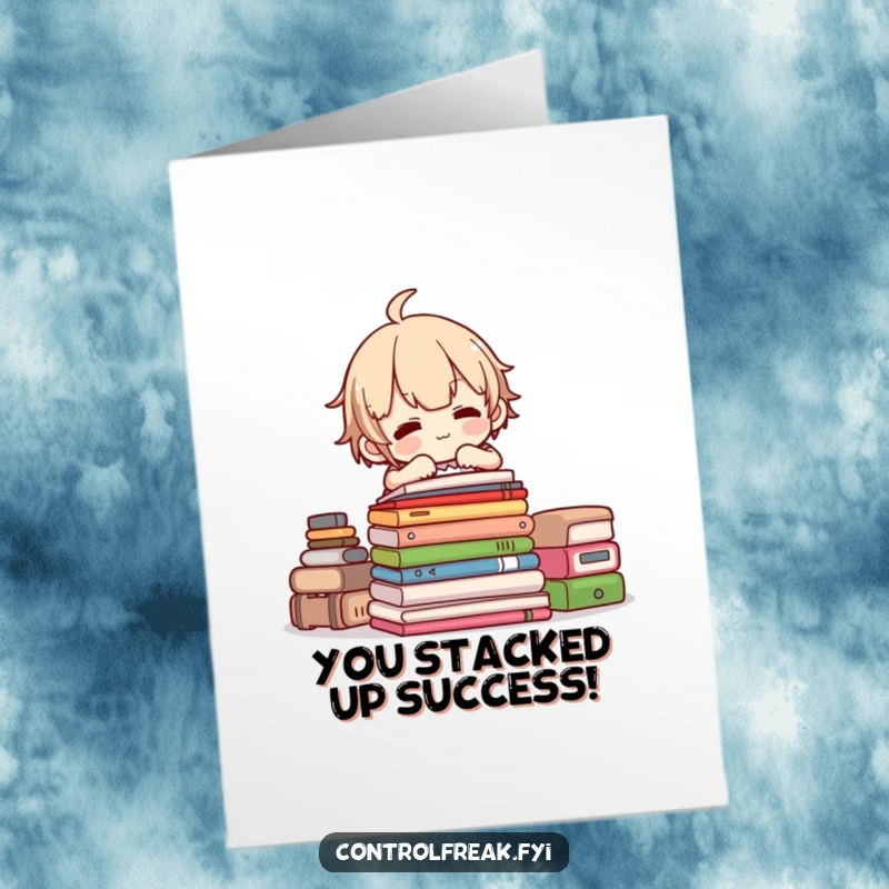 Funny Free Printable Congrats Card: Character proudly adjusts a neat stack, signifying accomplishment and order.