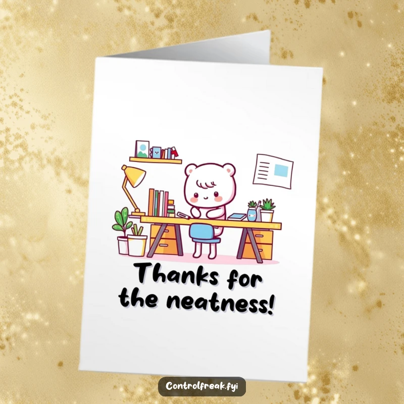 Funny Free Printable Thank You Card of a Kawaii character tidying an already pristine desk, showing ultimate appreciation for cleanliness.