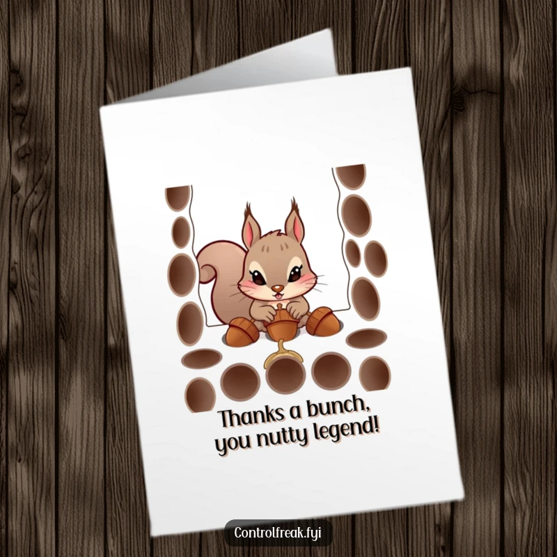 Funny Free Printable Thank You Card: Squirrel intensely trying to arrange acorns into aligned holes, expressing thanks