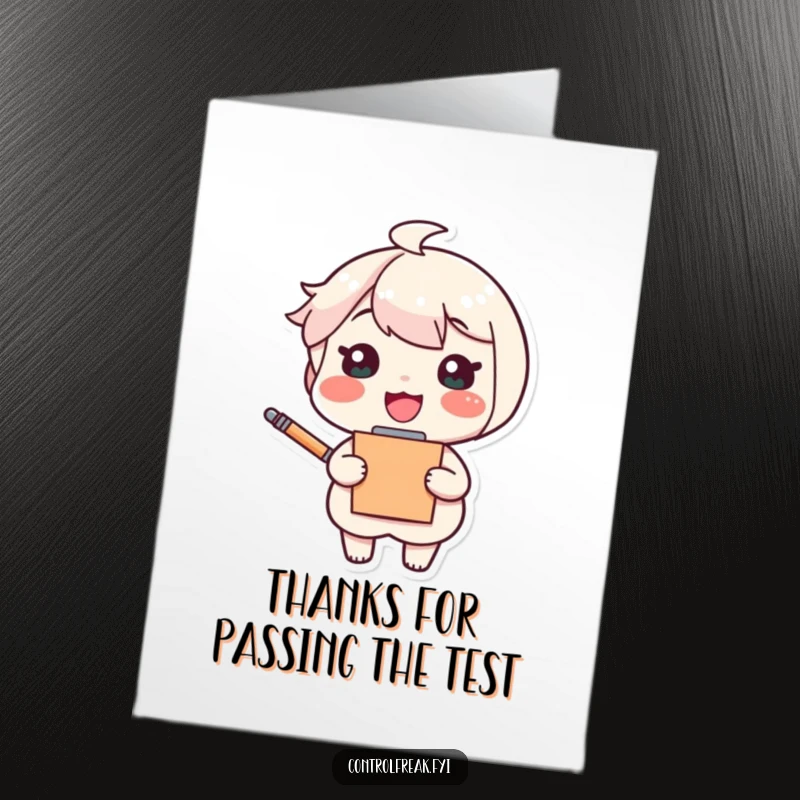 Funny Free Printable Thank You Card: Cheerful character with clipboard and pen looks pleased. Joyful downloadable art.