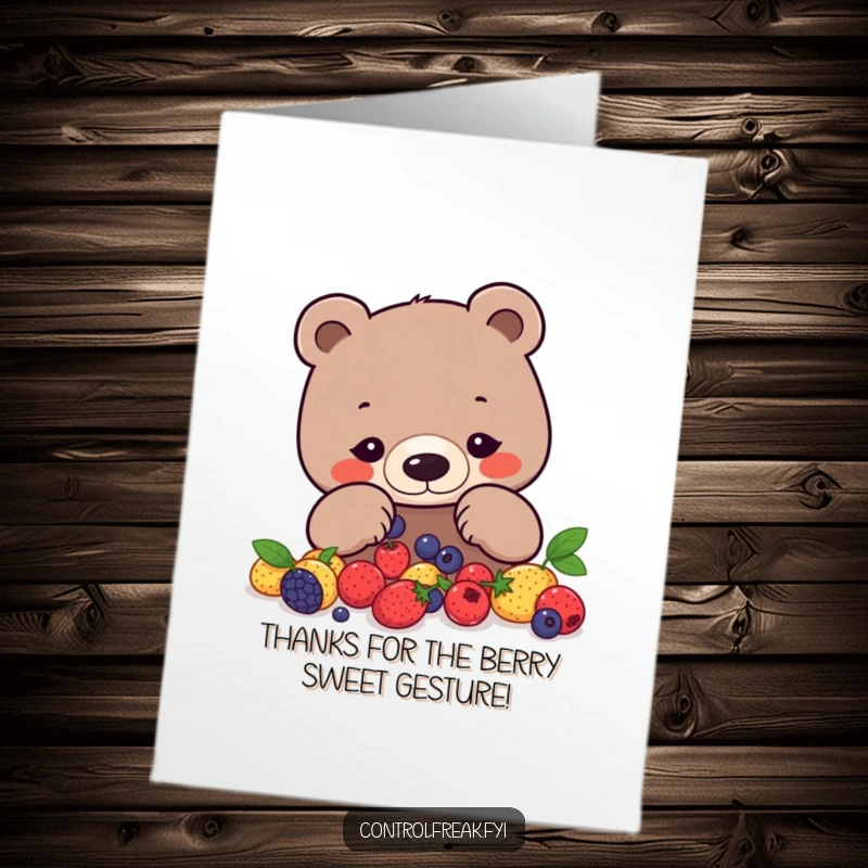 Funny Free Printable Thank You Card: A focused bear arranges berries into a geometric pattern, showing appreciation. Meticulous thanks.
