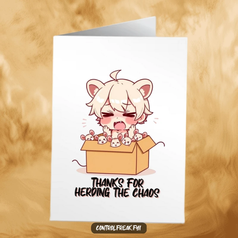 Funny Free Printable Thank You Card: A frantic character trying to gather lively cartoon mice into a box.