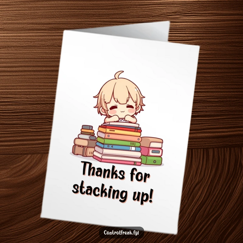 Funny Free Printable Thank You Card: Character beams adjusting a tidy pile, conveying gratitude and order.