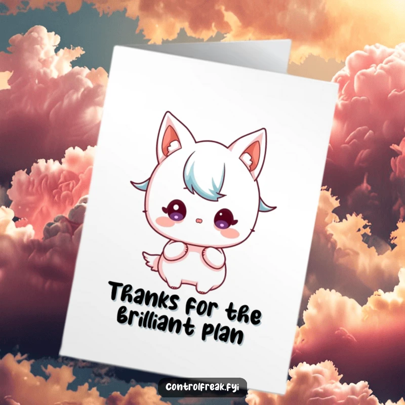 Funny Free Printable Thank You Card: Kawaii character pores over a blueprint, planning a thoughtful thank you message.