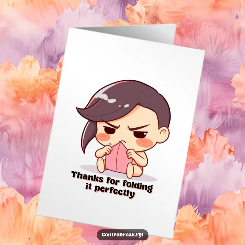 Funny Free Printable Thank You Card: A character with a determined frown, carefully folding one piece of paper.