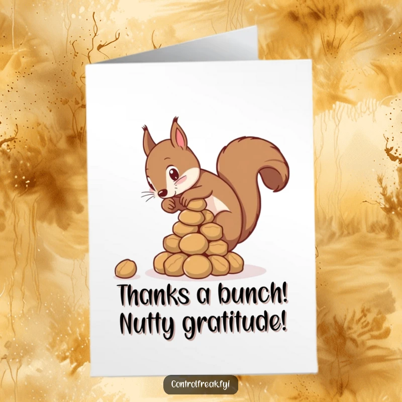 Funny Free Printable Thank You Card: a squirrel meticulously stacking nuts into a pyramid shows ultimate gratitude.