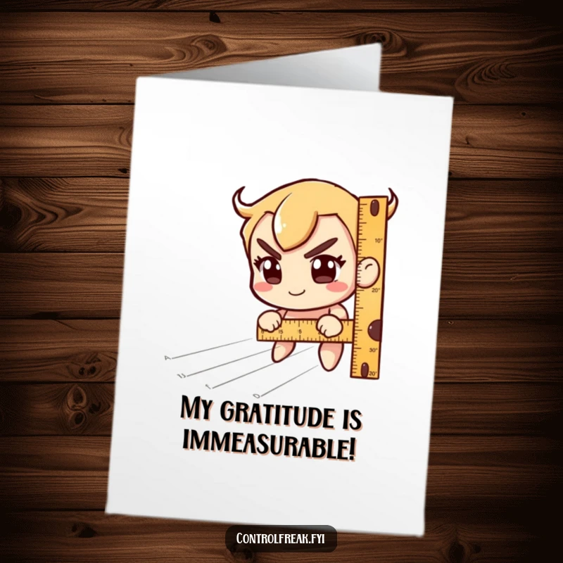 Funny Free Printable Thank You Card: Character intently measuring invisible lines with a ruler and a mischievous smile.