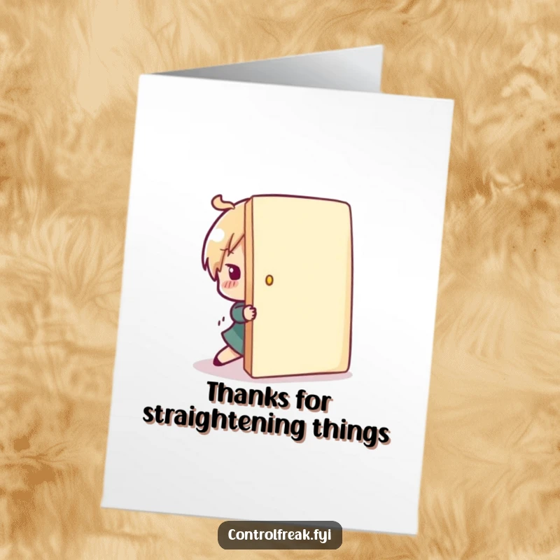 Funny Free Printable Thank You Card: A character playfully nudges a misplaced item back into a straight line, showing appreciation.