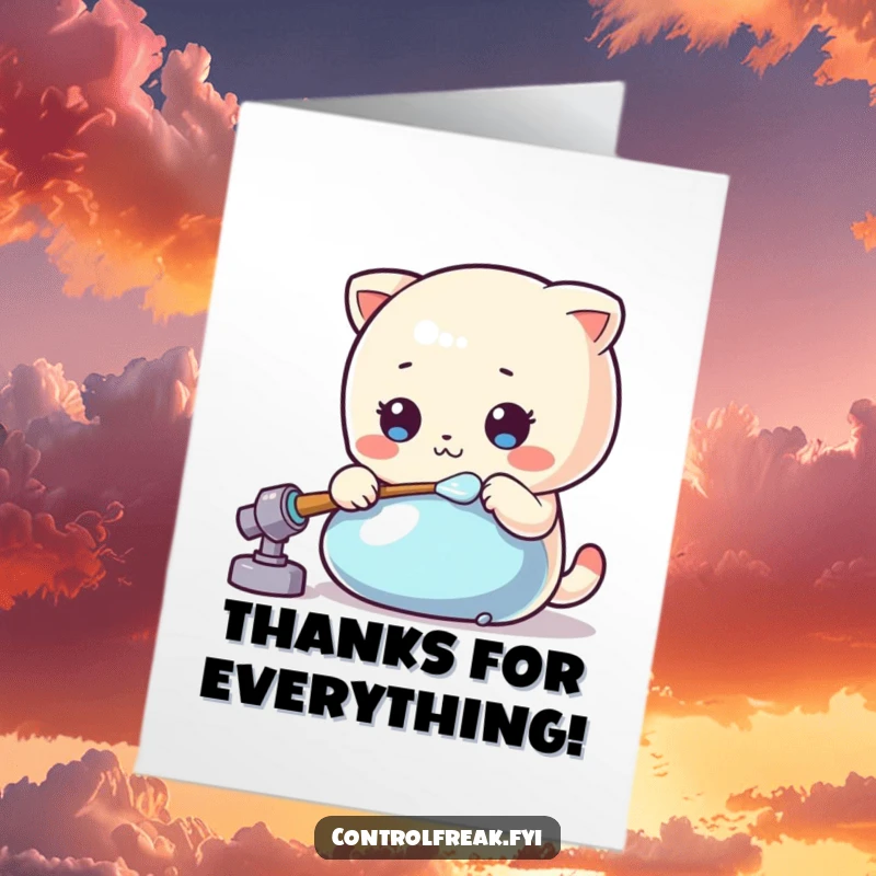 Funny Free Printable Thank You Card: A Kawaii character meticulously polishing a shiny object, ideal for DIY gifts.