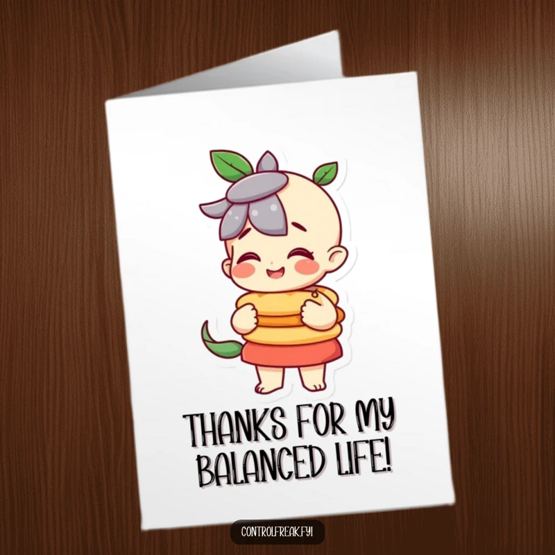 Funny Free Printable Thank You Card: A character looks very pleased, holding a flawlessly balanced stack of items.