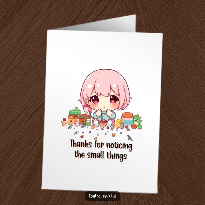 Funny Free Printable Thank You Card: Character meticulously sorting tiny items by precise size, a thoughtful gift.