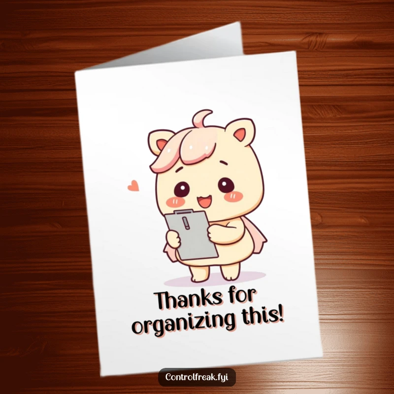 Funny Free Printable Thank You Card: A Kawaii character with a clipboard organizing items with a smile, ideal for DIY gifts.