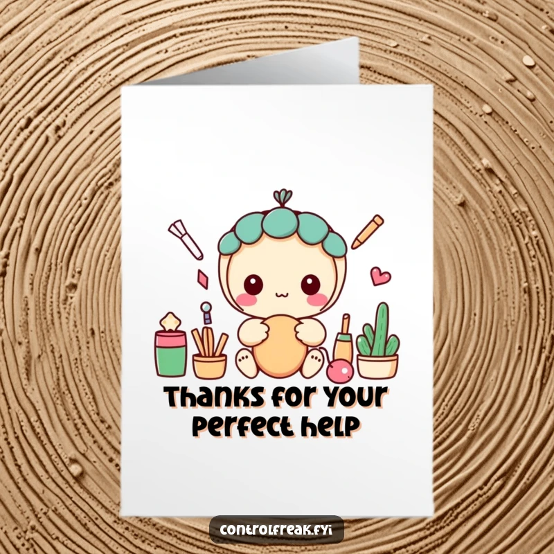 Funny Free Printable Thank You Card: Kawaii character lining up objects with perfect precision, showing organized gratitude.