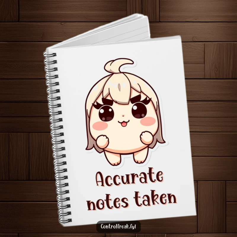Funny Kawaii character notebook, with raised eyebrows, diligently ensuring precision in every task.
