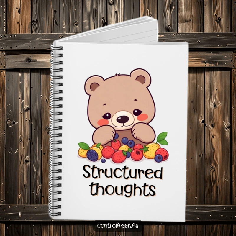 Funny bear notebook with a focused bear arranging berries into a precise geometric pattern, perfect for organized notes.