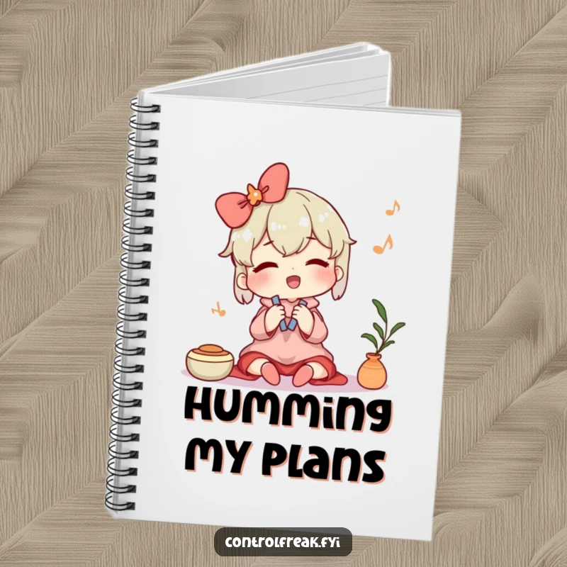 Funny notebook featuring a character humming contentedly while tidying, perfect for capturing ideas with a peaceful and organized spirit. A practical and humorous stationery item.