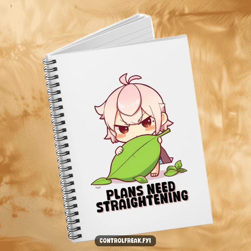 Funny character determinedly straightening a fallen leaf on this notebook, perfect for nature journaling.