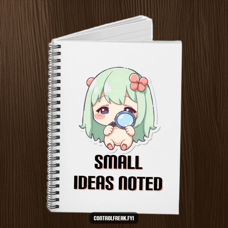 Funny Kawaii character notebook, peering through a magnifying glass at a small detail, ideal for detailed notes.