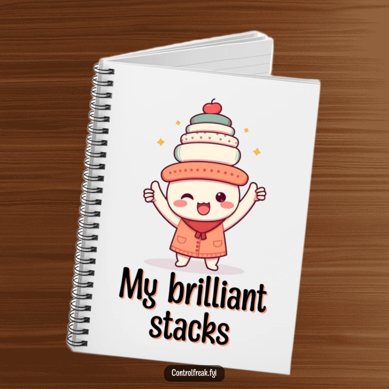 Funny notebook with a kawaii character triumphantly holding a perfectly aligned stack of objects, perfect for neat note-taking.