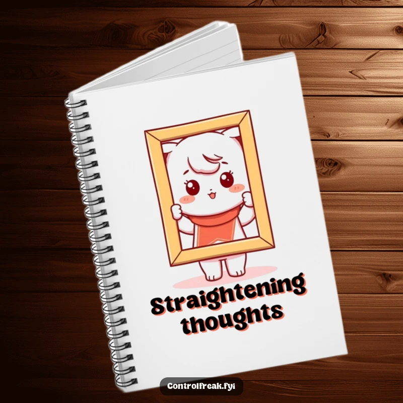 Funny Kawaii character notebook, diligently adjusting a picture frame for perfect alignment, ideal for organized notes.