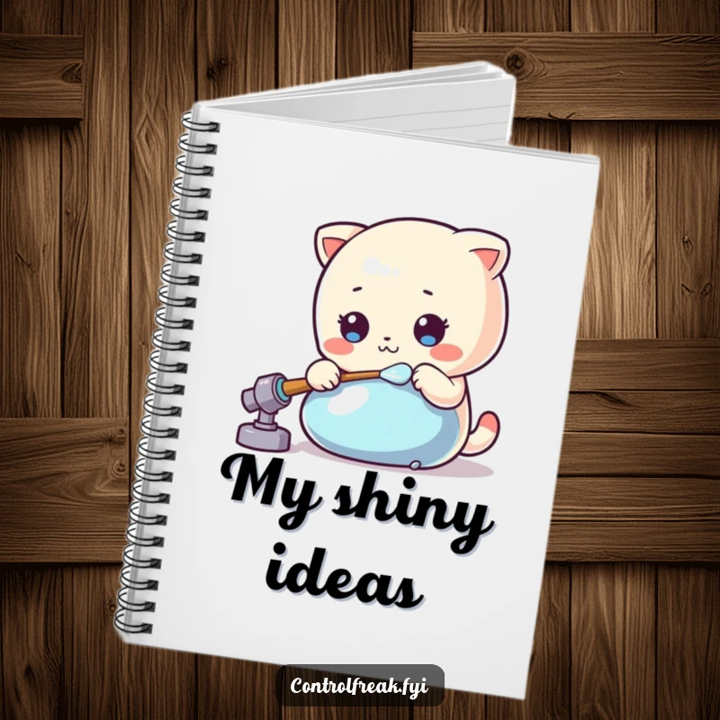 Funny Kawaii polisher notebook ready for your notes, meticulously polishing a shiny object.