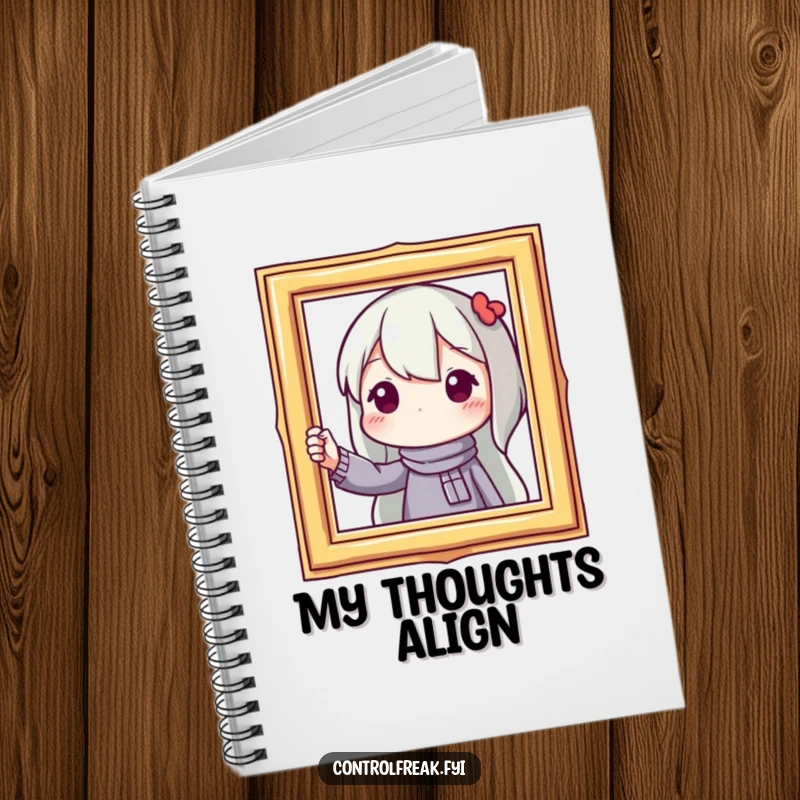 Funny notebook with a character straightening a picture frame, inspiring precise note-taking, perfect for detail-oriented minds.