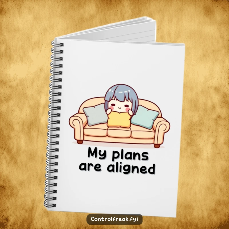 Funny cute character aligning sofa pillows, gracing the cover of a notebook for organized notes.
