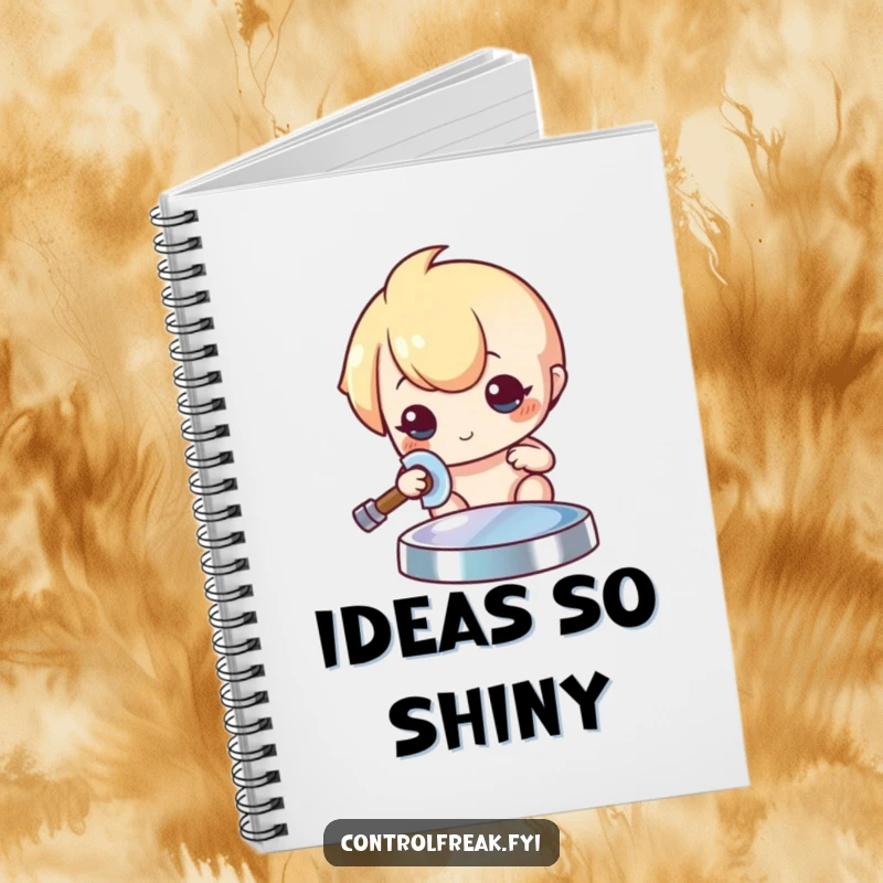 Funny Kawaii character notebook, meticulously polishing a shiny object to a brilliant sheen, for writing and planning.
