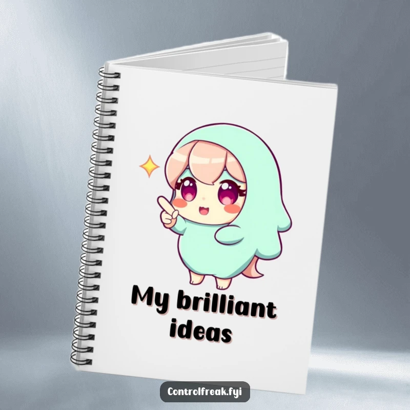 Funny notebook featuring a character with a bright gleam, pointing to a perfect solution, perfect for capturing ideas with an insightful spirit. A practical and humorous stationery item.