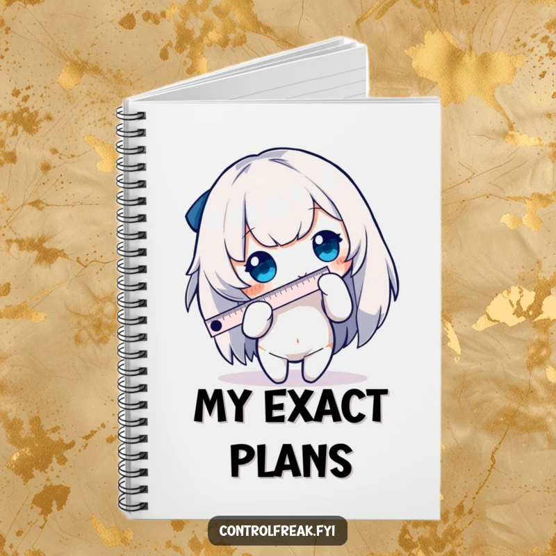 Funny character notebook with a cover design of a character using a tiny ruler to measure an edge, a humorous and functional stationery item.