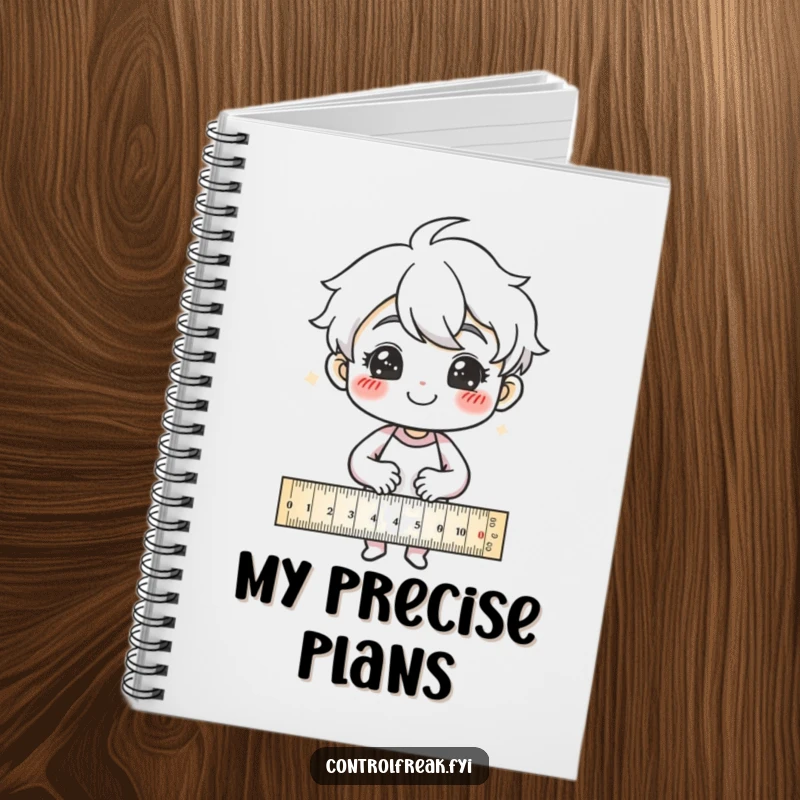 Funny Notebook: Character smiling proudly while drawing precise lines with a ruler, a humorous journal for planned thoughts.