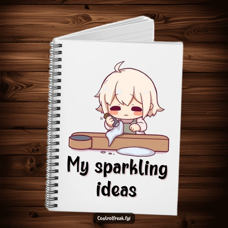 Funny notebook featuring a character meticulously polishing an object to an impossible shine, ideal for capturing detailed notes with a humorous touch.