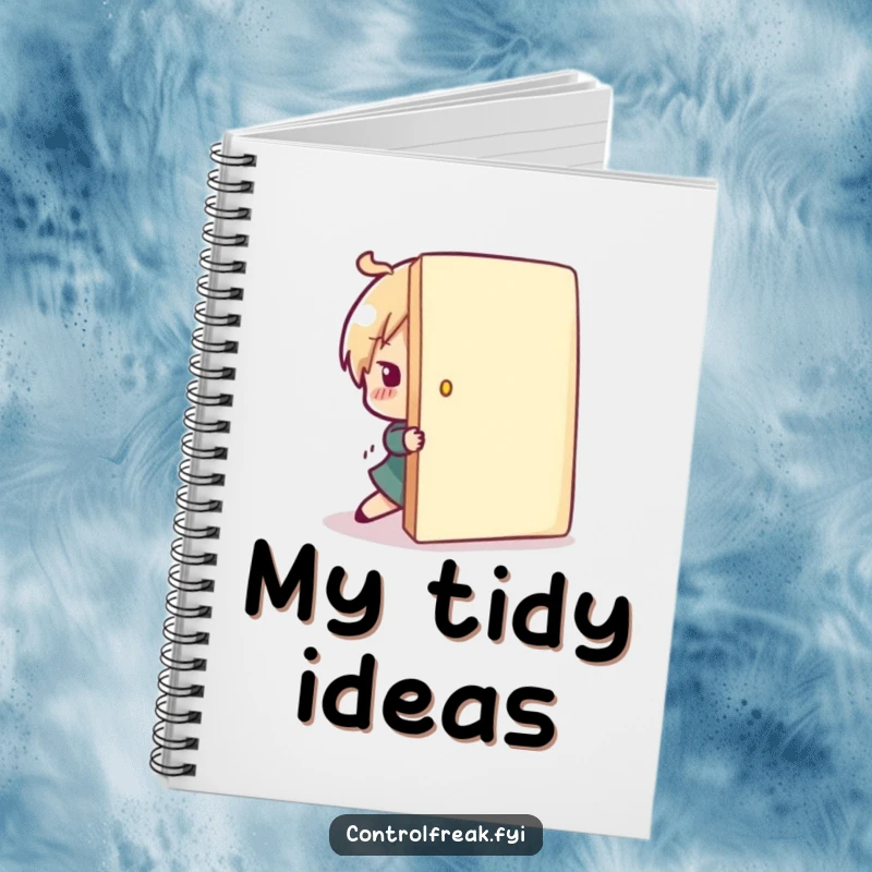Funny character notebook with a cover design of a character playfully pushing a misplaced item back into line, a humorous and functional stationery item.