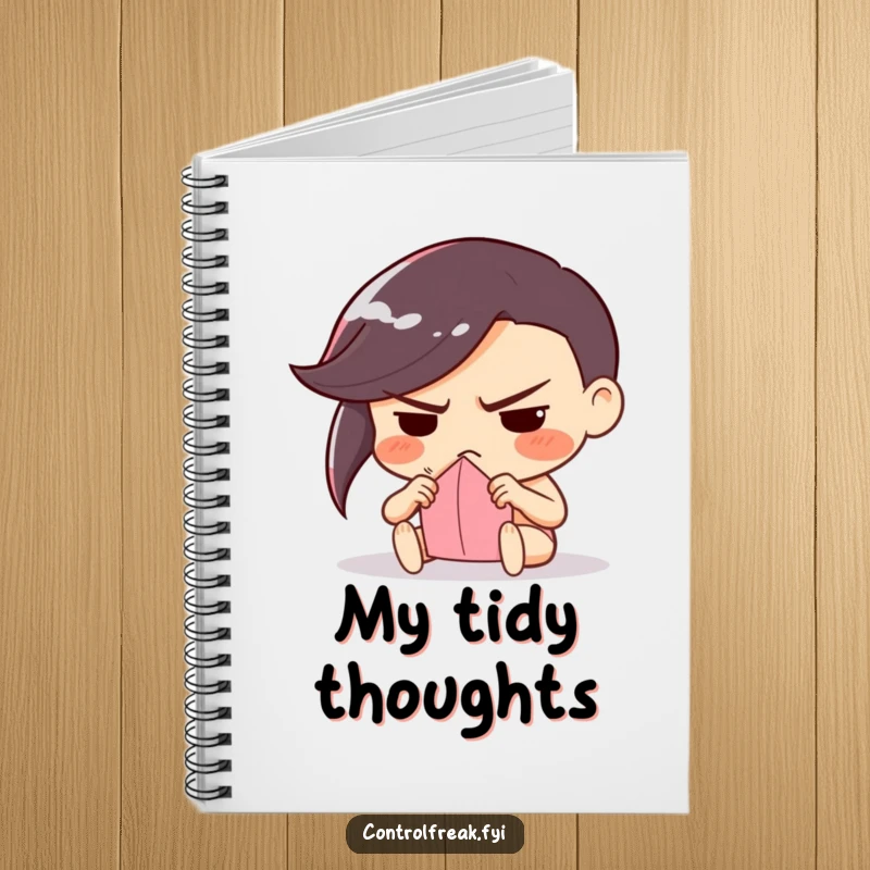 Funny notebook featuring a character with a determined frown, meticulously folding paper, perfect for jotting down precise plans and notes.
