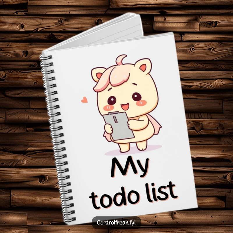 Funny Kawaii organizer notebook ready for your plans, smiling with a clipboard and organized items.