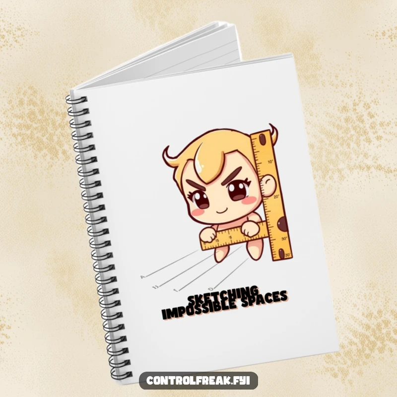 Funny Notebook: Character intently measuring imaginary lines with a ruler, smiling quirkily. Ideal for notes and funny gifts.