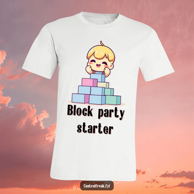 Funny t-shirt depicting an excited character carefully stacking perfectly aligned blocks, celebrating neatness and playful organization.