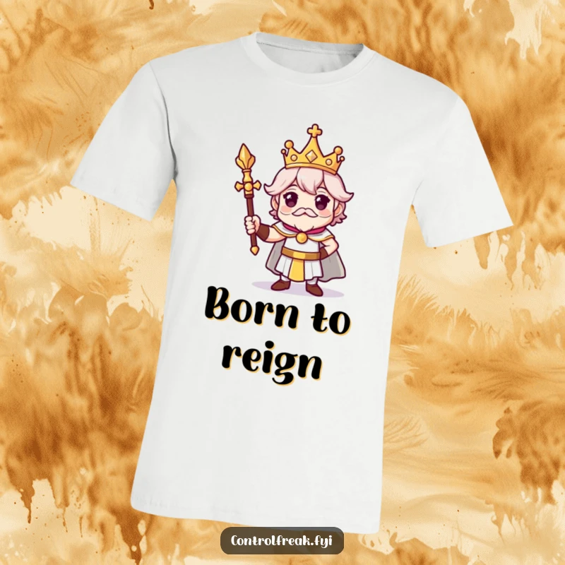 Funny t-shirt showcasing a character with a small crown and scepter, standing proudly in a regal pose, exuding humorous authority.