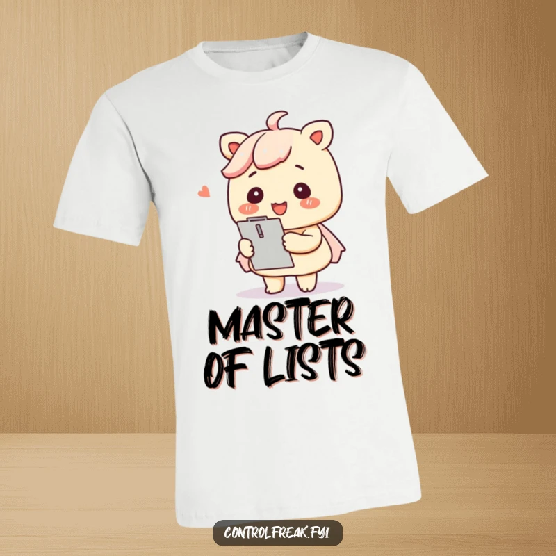 Funny Kawaii organizer t-shirt smiling with a clipboard, tidy and ready for any task with joy.