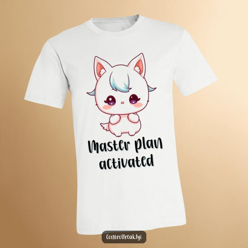 Funny Kawaii character t-shirt, intently studying a detailed blueprint, focused and determined plan.