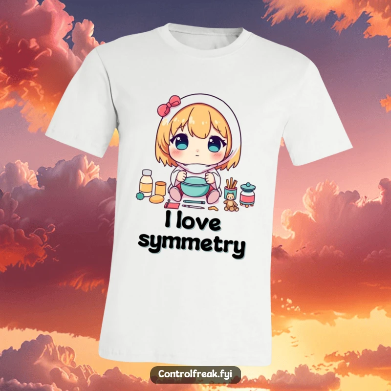 Funny t-shirt with a kawaii character carefully arranging items in a perfectly symmetrical pattern, celebrating balance and neatness.