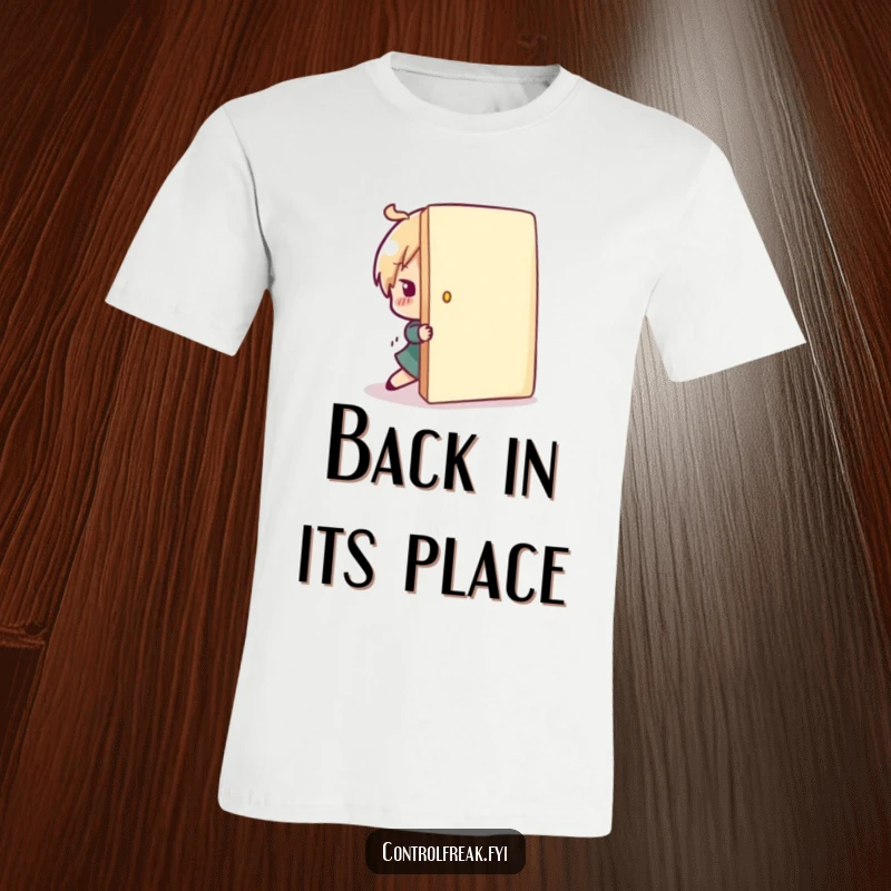 Funny t-shirt showing a character playfully nudging a misplaced item back into its proper place, ideal for those who appreciate order with humor.