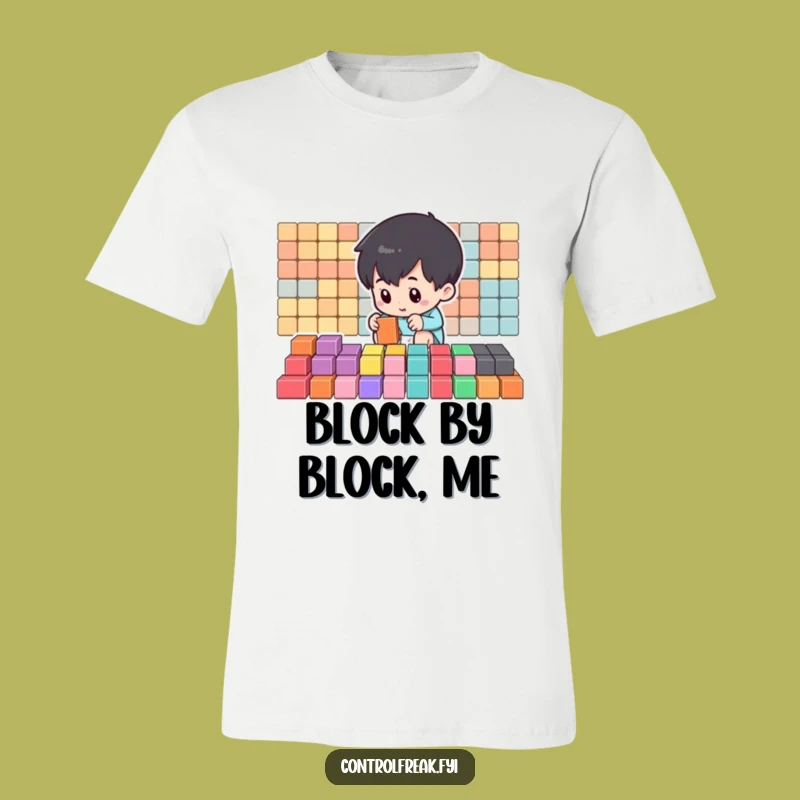Funny Organizer T-Shirt: Small Character Arranging Blocks, Hilarious Tee for the Methodical