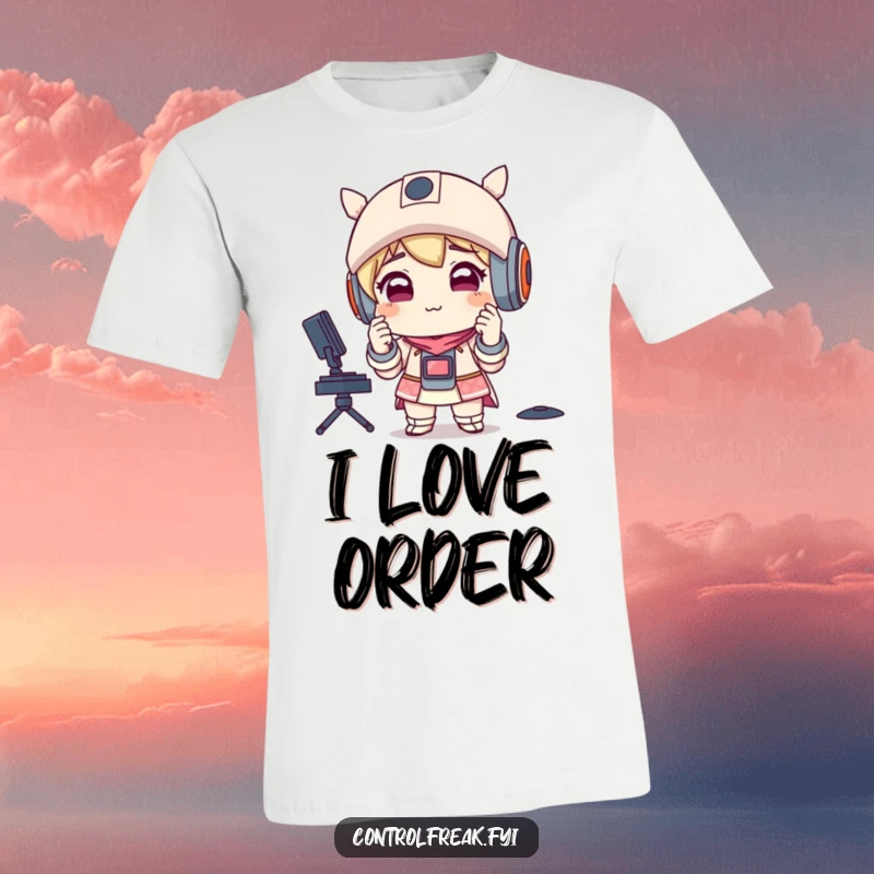 Funny t-shirt depicting a character with a satisfied smirk, meticulously adjusting perfectly aligned items, celebrating order and humorous precision.